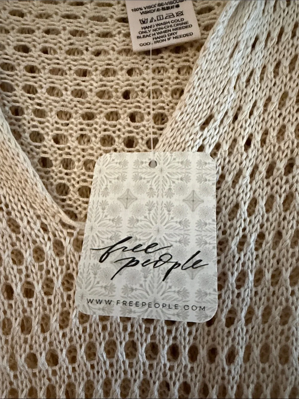 Free People Cream Open-Knit Fringe Poncho Sweater